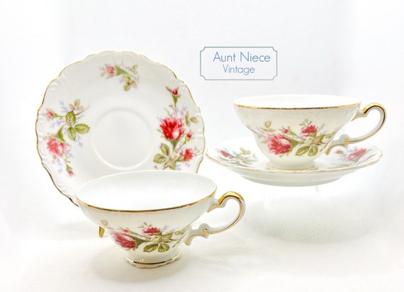 Sets and single vintage teacup and saucer Ucago Old Rose pink roses with purple floral gold c. 1950s