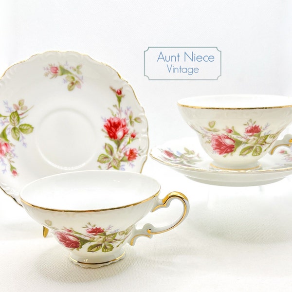 Sets and single vintage teacup and saucer Ucago Old Rose pink roses with purple floral gold c. 1950s