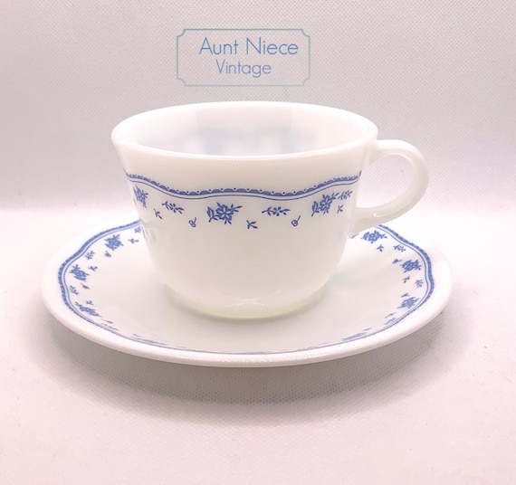 Sets and Single Vintage Single flat cup and saucer Corning MORNING BLUE pattern dainty blue flowers and wavy ribbon blue floral mugs c.1980s