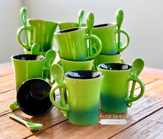 Sets and singles vintage mugs Green and Black Spoon in handle Cocoa mugs, coffee cup, tea cup Sino Singware Kermit Green gift