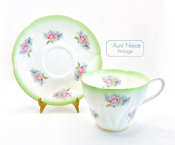 Vintage Royal Albert Horizon Green Pink Rose buds Cup and Saucer