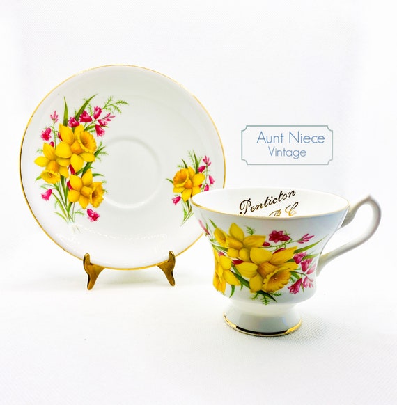 1970s vintage Windsor China Pentiction B.C. Daffodils and pink floral vintage teacup and saucer