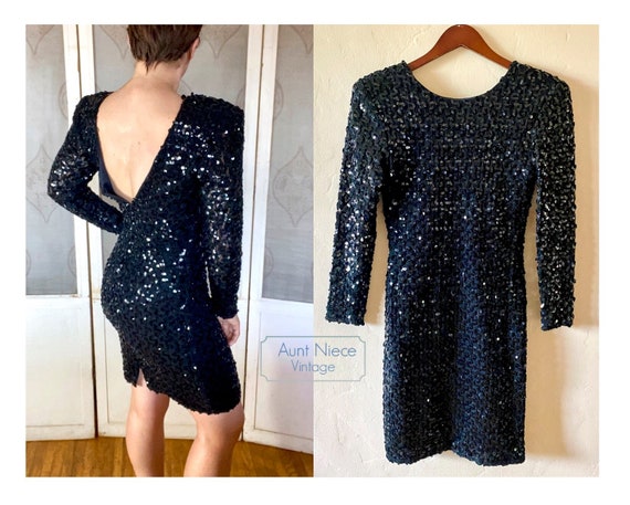 Vintage 1980s Black Sequins Dress Long Sleeve open back SM