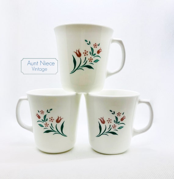 Sets and single vintage mugs Corning RoseMarie Tulip cups pink and green tulips corelle cups