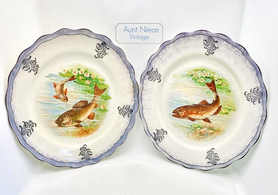 Two 1900s Antique Sterling China Fish plates Sebring China Company vintage Trout and Bass 2 plates, platters or dishes