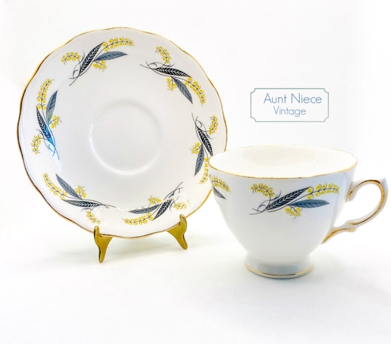 Vintage Royal Vale Teacup and Saucer with Goldenrod and black leaves wheat grain and gold accents  c.1940s