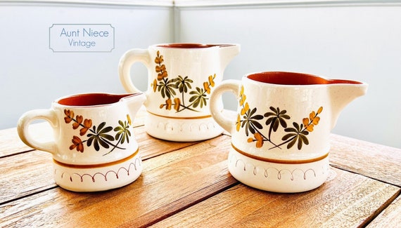 Vintage Stangl Pottery Pitchers 3 Golden Blossom brown green yellow floral pitchers 5'' pitcher, 4.5'' pitcher, 3.5'' pitcher c. 1960s