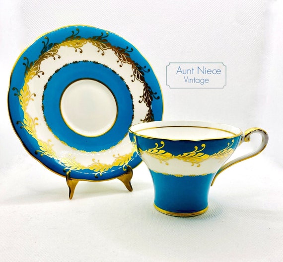 vintage Aynsley Teacup and Saucer turquoise blue white stripe and gold fern wreathe corset cup saucer c.1940s