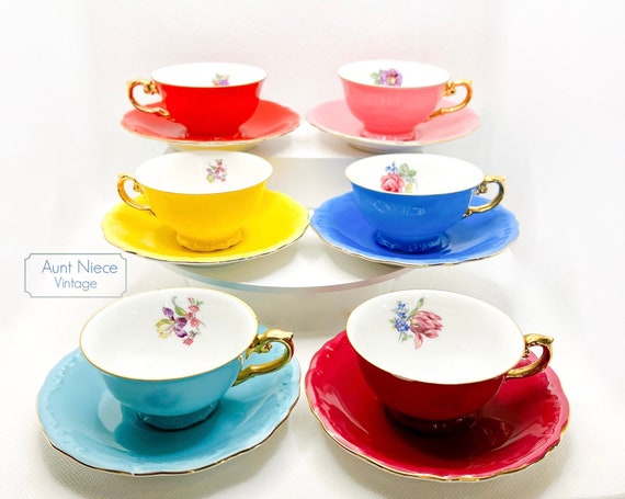 Vintage demitasse espresso cups Victoria Czechoslovakia HF Blue, Red, Pink, Fuscia ornate gold handle sold individually c.1930s