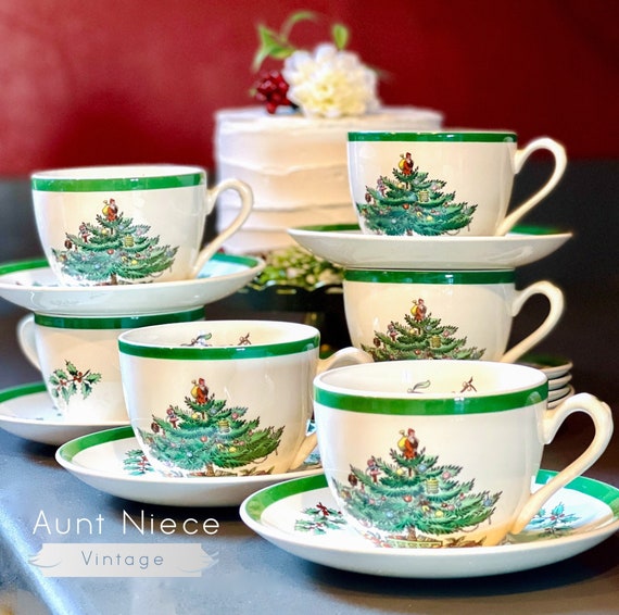 Sets and single Christmas cups and saucers Spode Christmas Tree pattern coffee teacups and saucers cups c. 1950s-1983