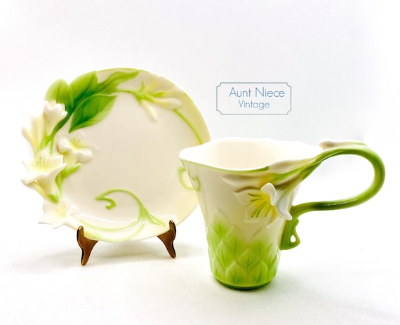 Vintage Franz Calla Lily Cup Saucer sculpted Lily porcelain white flower green stem vintage teacup saucer | FZ01003
