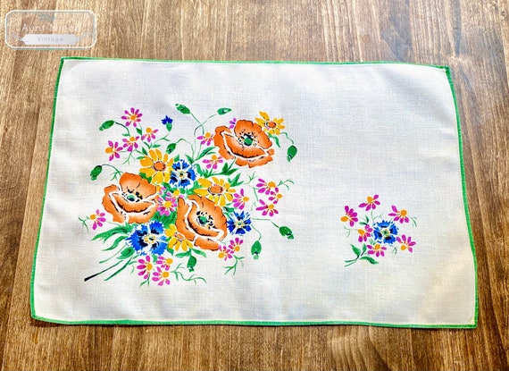 1960's vintage tropical floral placemats sets of 2  vintage tropical orange pink blue flowers green embroidery