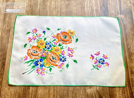 1960's vintage tropical floral placemats sets of 2  vintage tropical orange pink blue flowers green embroidery