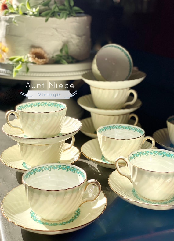 Mix and Match Vintage Teacups saucers Minton Lady Rodney china Cream white, gold, blue and green floral wreath scalloped textured c. 1950s