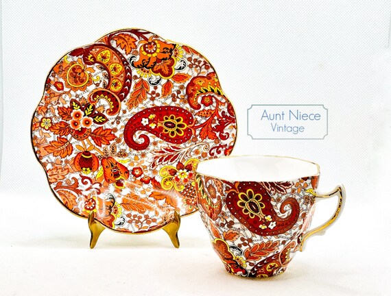 Vintage teacup and saucer Rosina Red Orange Gold paisley chintz teacup set 5032 c. 1950s