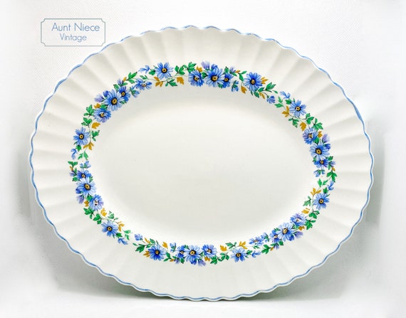 Vintage Platter blue floral  J&G Meakin Alpine Mist Platter Blue daisies serving dish c.1960s