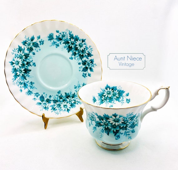 Vintage Royal Albert Melody Series Nocturne blue daisy pale blue white floral vintage teacup saucer c.1960s