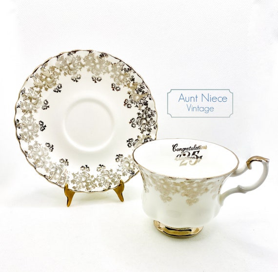 1970s vintage Royal Albert silver 25th Anniversary vintage teacup saucer Montrose shape