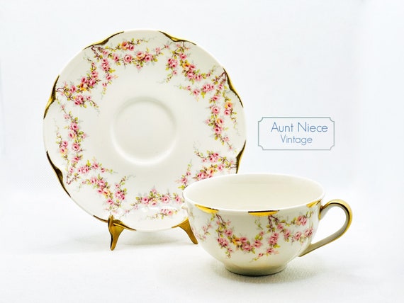 Vintage Teacup Saucer Theodore Haviland New York "Varenne" pink cherry blossoms heavy gold accents c. 1940s