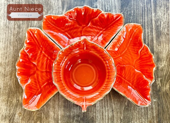 Replacement pieces sold separate bold orange and gold leaf bowl divider plates and leaf bowl vintage California Pottery M700 c.190s