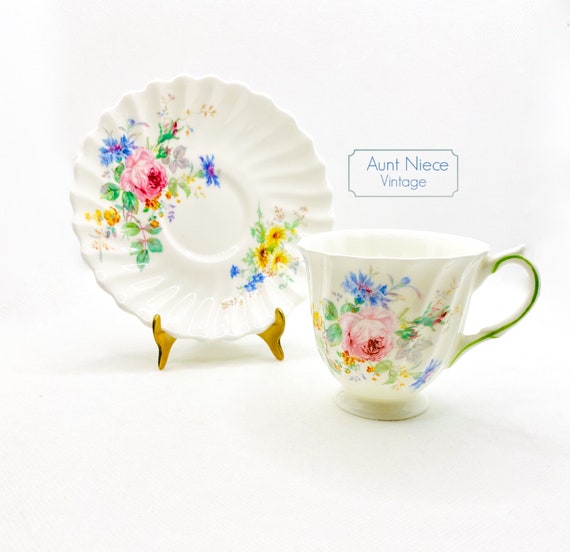 Vintage Espresso Demitasse Cup saucer  Royal Doulton Arcadia yellow and blue floral pink cabbage rose green accent c. 1950s