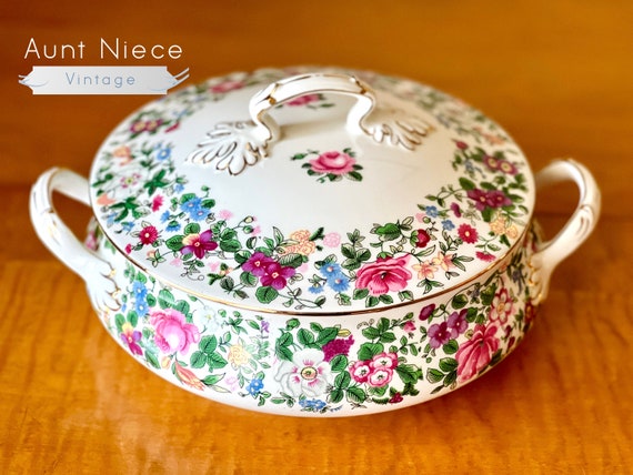 Vintage Covered Vegetable Crown Staffordshire Bone China 1000 Flowers Thousand Flowers English Roses blue floral c.1940s