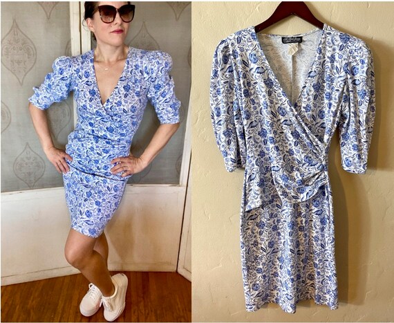 1980s Vintage blue Floral Dress / 80s 90s Blue Wh… - image 2