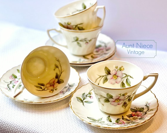 Sets and single Vintage Teacup Saucer Syracuse Apple Blossom cups and saucers pink and white flowers gold accents c.1960s