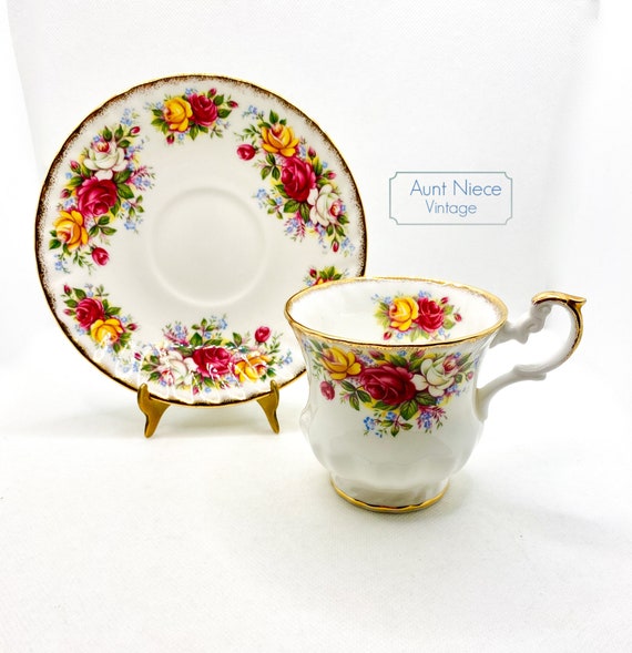 Vintage teacup and saucer Queens Rosina Country Roses  yellow red cabbage roses blue floral teacup coffee cup demitasse saucer c. 1950s