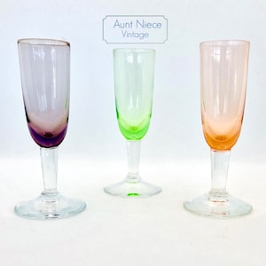 Vintage long stem Sherry glass set green, purple, orange sherry glasses set, rainbow narrow small sherry glasses c. 1950s