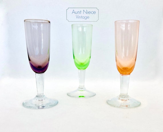 Vintage long stem Sherry glass set green, purple, orange sherry glasses set, rainbow narrow small sherry glasses c. 1950s