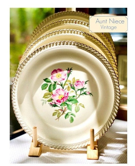 4 Vintage Plates Harker Pottery Pink Beach Rose 10'' Dinner Plates Co 22K gold wavy edge set of 4 c.1940s