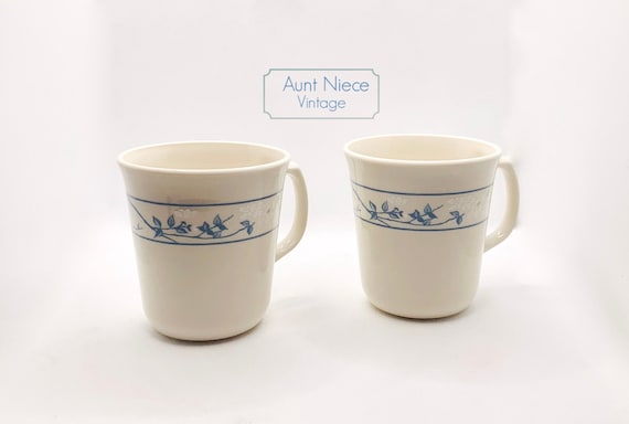 Sets and single of Vintage Corning Coffee mugs "Blue White Leaves" pattern #46 corningware corelle pyrex bluebell flowers coffee cups 1990s