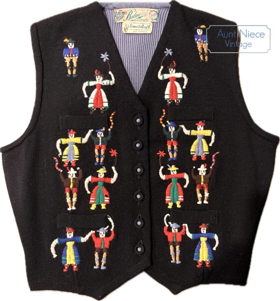 1940s vintage Balmoral Quality Knitwear Scottish embroidered wool vest festive people