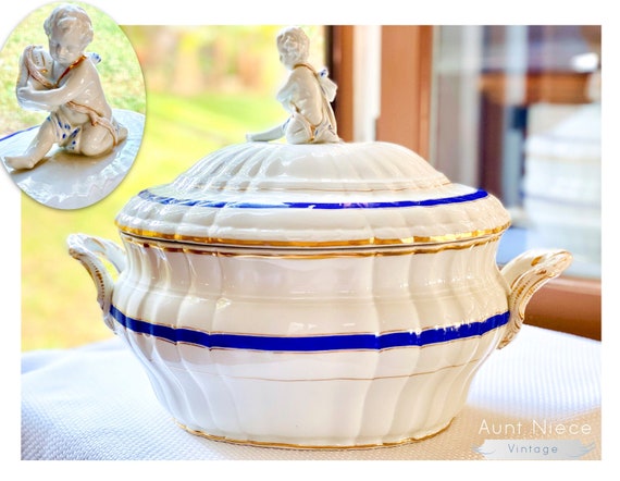 Rare Antique KPM Soup Tureen White Blue Gold With Cherub and Pumpkin Koenigliche Porzellan Manufaktur Germany Berlin c.1840s-1870s