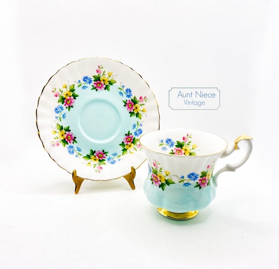 1960s Vintage Royal Albert Pale Blue turquoise Yellow Pink Blue Floral Vintage teacup and Saucer Demitasse or Espresso Cup