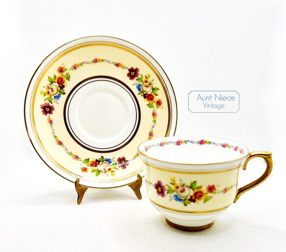 Vintage teacup saucer Colclough China Yellow, Gold band and Floral wreath cup saucer c. 1940s