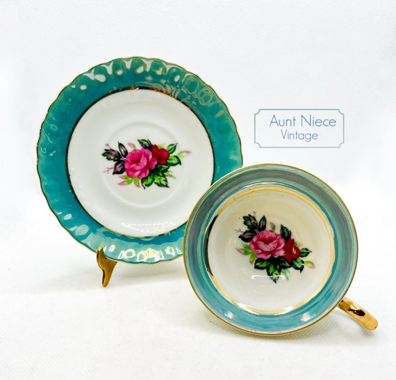 Vintage Demitasse or Espresso cup saucer Walls China Made in Japan heavy luster blue with gold and floating Rose c. 1950s