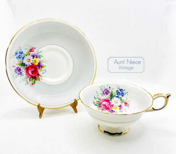 Vintage teacup saucer Paragon bone china gray with cabbage rose and floral gold accent Double Warrant cup saucer gray c. 1939-49