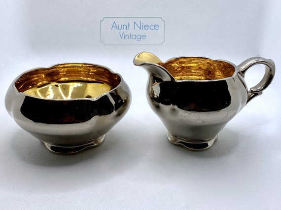 1950's Royal Winton Sugar and Creamer heavy silver outside and heavy gold inside mid century tableware