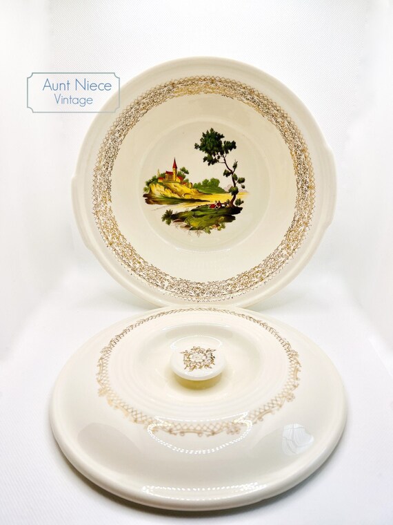 Vintage American Limoges Chateau France Covered Dish Vegetable Dish 22k gold green meadow, castle people under tree c. 1940s