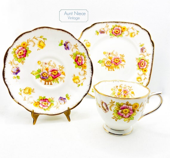 Vintage tea set trio Royal Albert Teacup Evesham teacup saucer underplate yellow poppies, pink purple flowers heavy gold c. 1940s