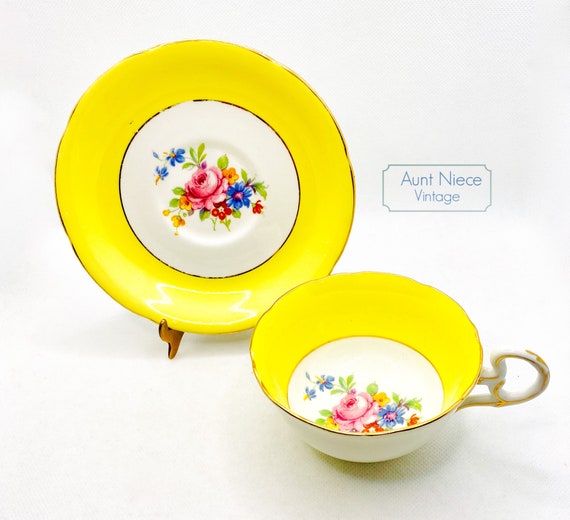 1930s ABJ Grafton bright yellow pink cabbage rose blue floral gold accent cup saucer | vintage Royal Grafton | bold yellow vintage