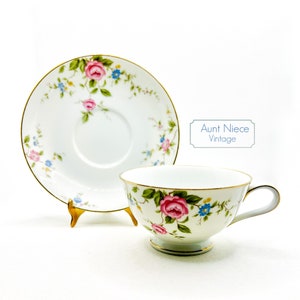 Vintage Teacup and Saucer Noritake Firenze 6674 Cherry Blossom blue floral yellow flower pink flowers cup saucer c.1960s