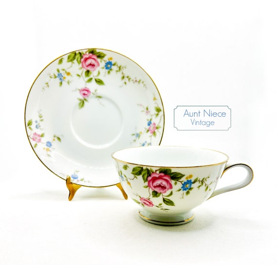 Vintage Teacup and Saucer Noritake Firenze 6674 Cherry Blossom blue floral yellow flower pink flowers cup saucer c.1960s