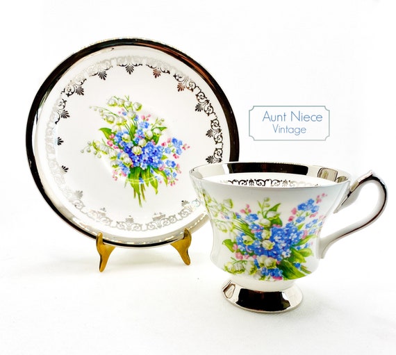 Vintage Windsor bone china teacup and saucer heavy silver platinum gilt with Forget Me Nots, White Bell Flowers  c. 1960s
