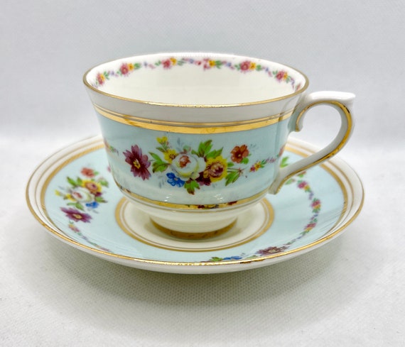 Vintage Colclough Teacup and Saucer: Aqua Blue Floral, Gold Band, 1940s