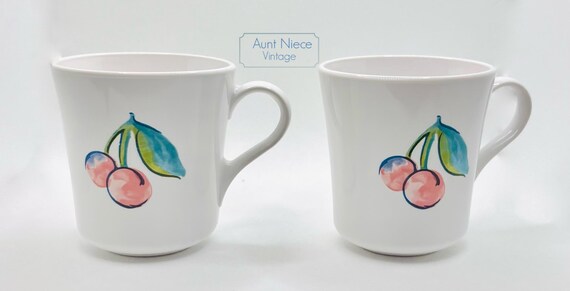 Sets and single mugs Vintage Corelle Fruit Basket coffee tea cups, Apple and Cherry, 1990s Kitchen 8oz