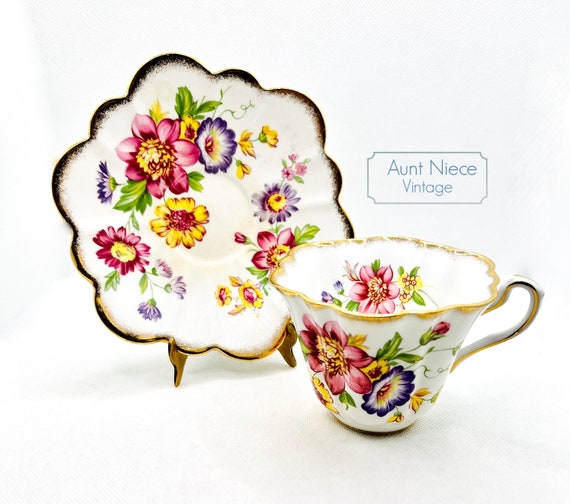 Vintage Teacup and Saucer Rosina Bone China pink, purple and yellow flowers gold scalloped edge teacup and saucer c. 1950s