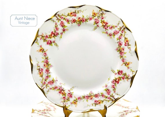 Sets and single Vintage dessert plates 6'' pink roses ornate floral gold accent edge  Theodore Haviland New York France Varenne c.1940s